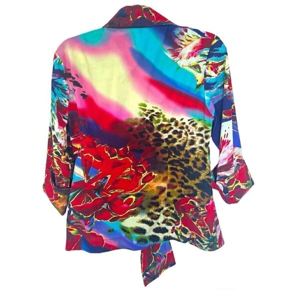 Mishca Tie Front Women's Blouse Vibrant Colors Multi Patterned Top Size Medium - Picture 2 of 5